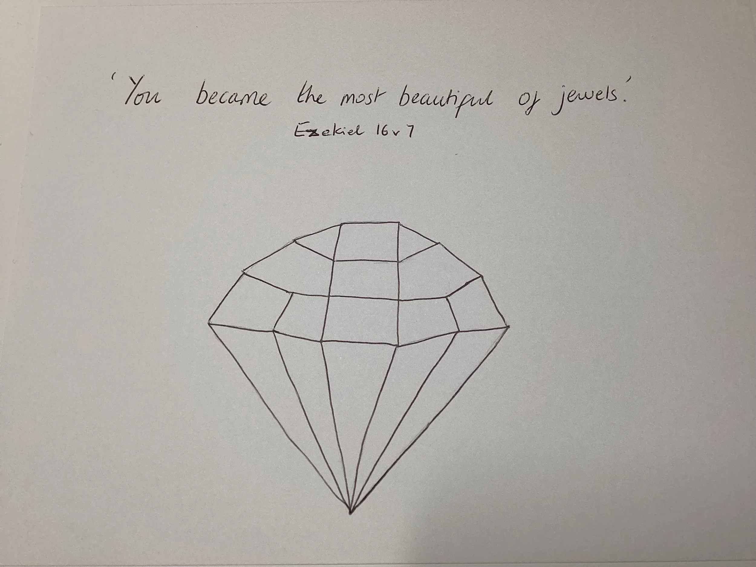 A line drawing of a cut diamond, with the phrase 'You became the most beautiful of jewels' above it.