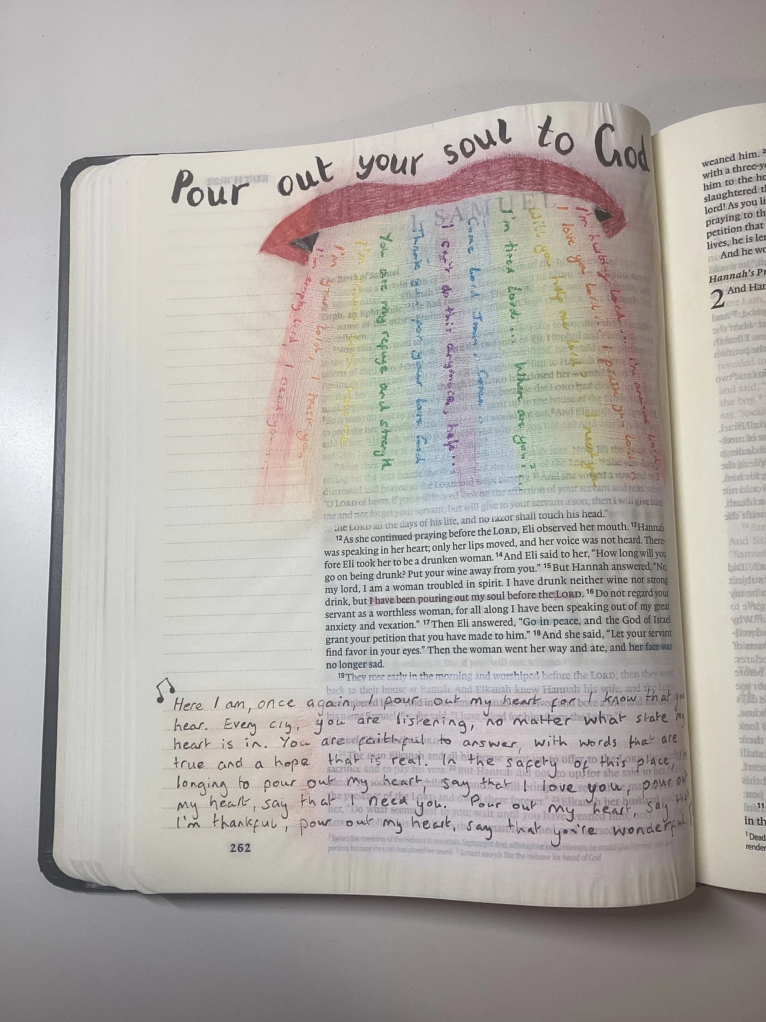 Bible journal page, the words 'Pour out your soul to God' at the top of the page, drawing of a mouth with a rainbow pouring out of it with various words on expressing the soul of the creator
