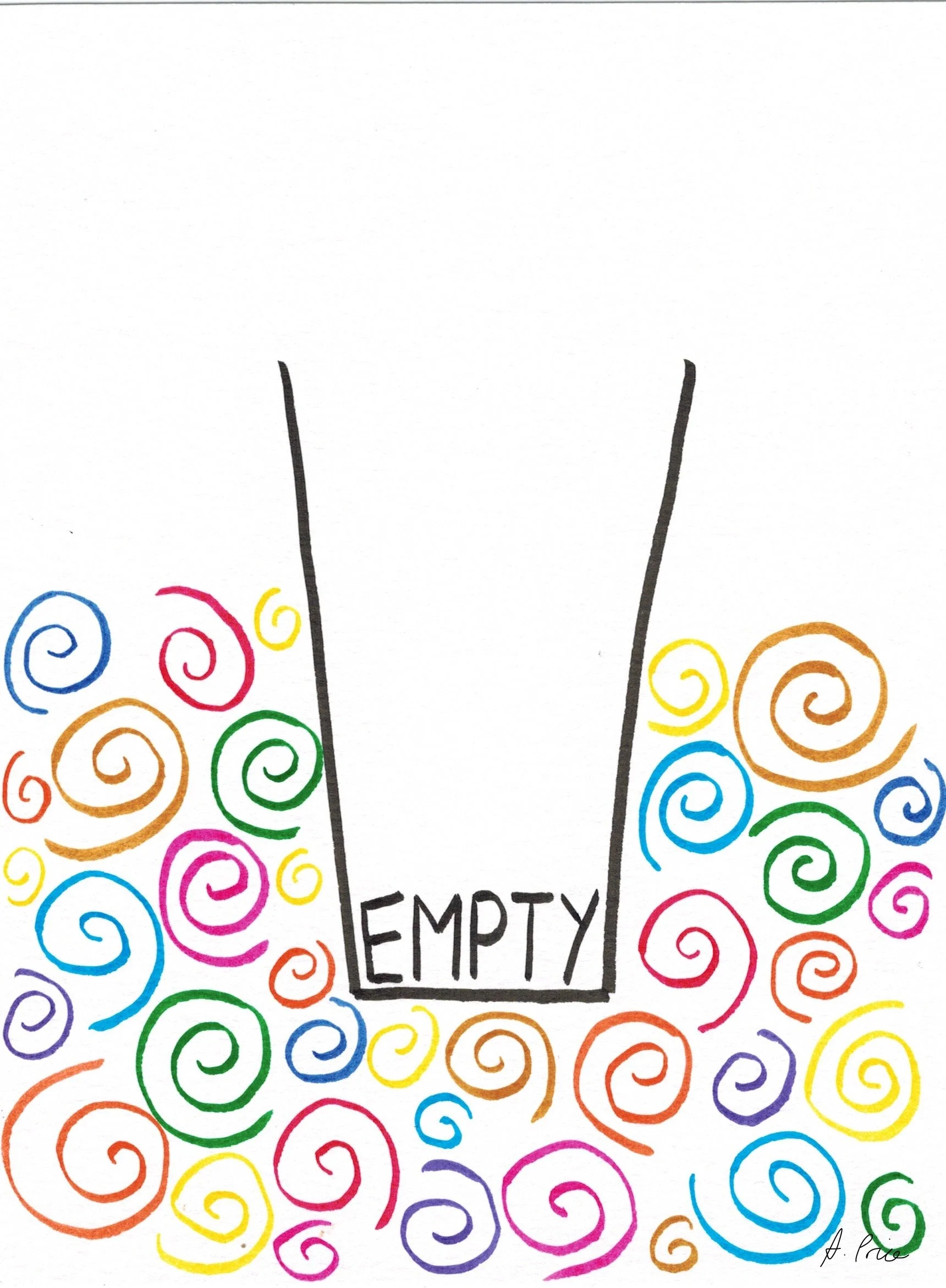 A simple image of a black line representing a straight water glass with the word EMPTY written at the bottom of it in black. Outside of the glass are different colour swirls, underneath and about half way up the sides of the glass.