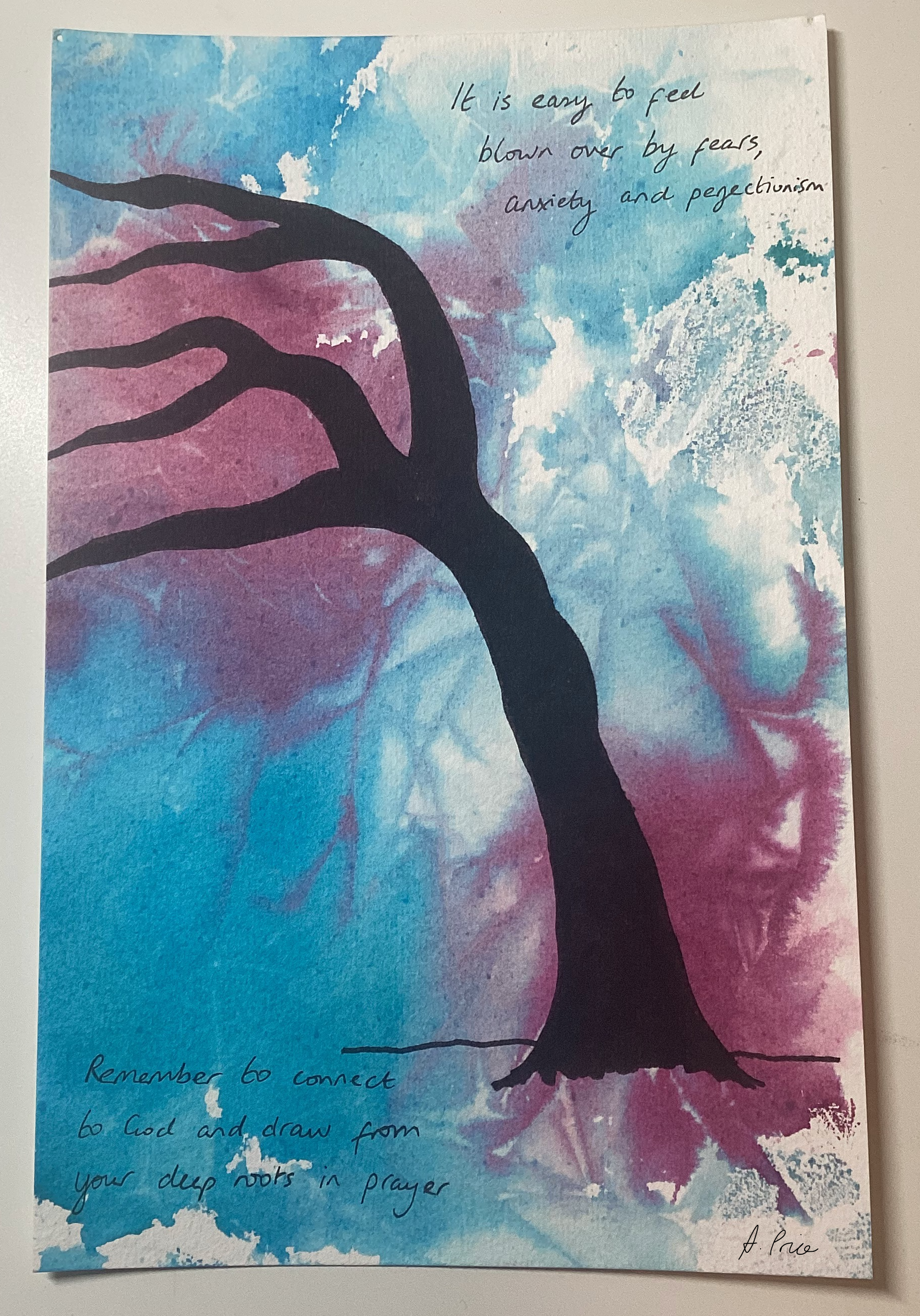 A sky blue and reddish purple watercolour background, on which there is the silhouette of a tree being blown by the wind.