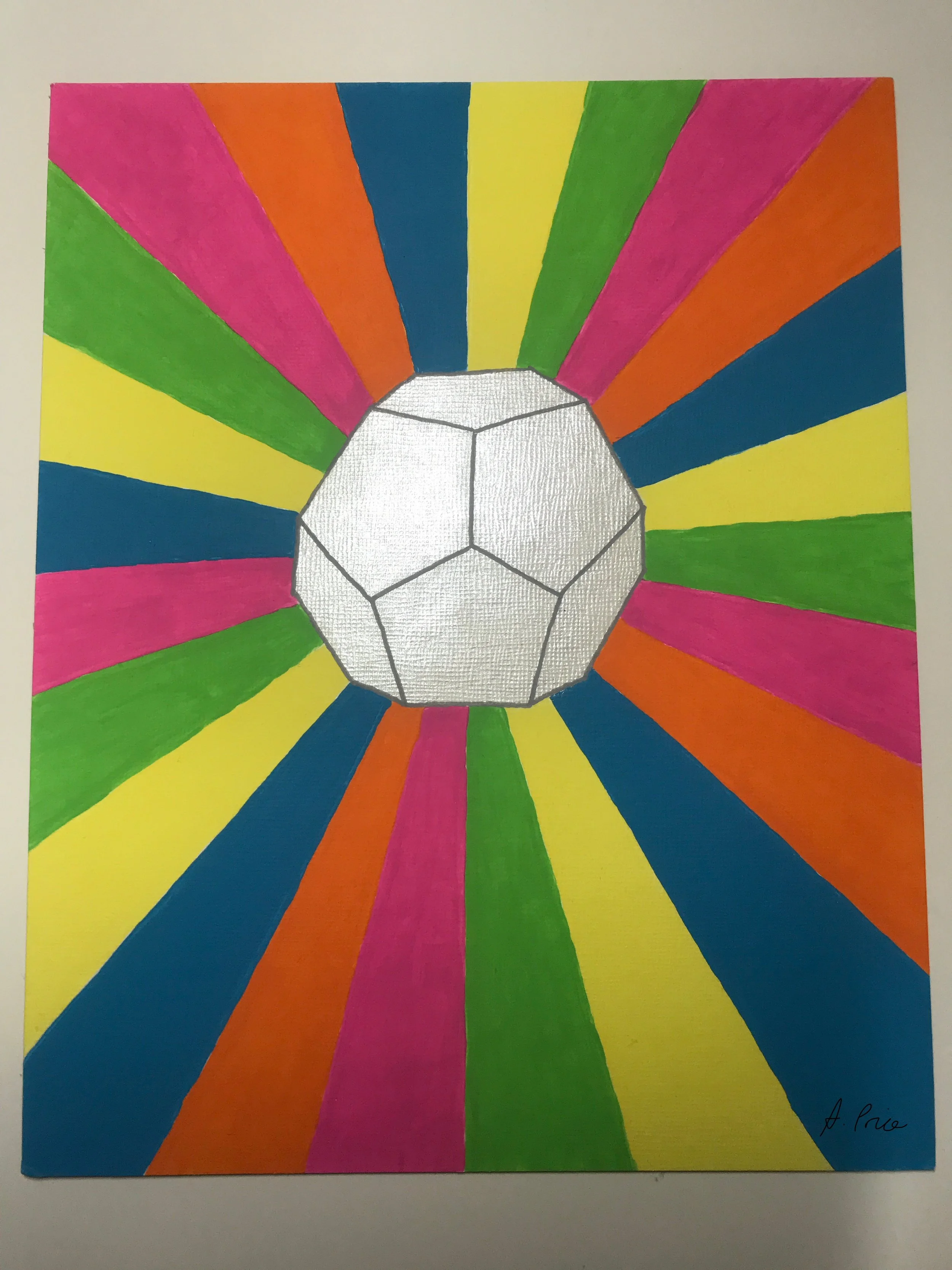 A dodecahedron painted silver in the centre, with broad sun-rays of bright colours in the background.