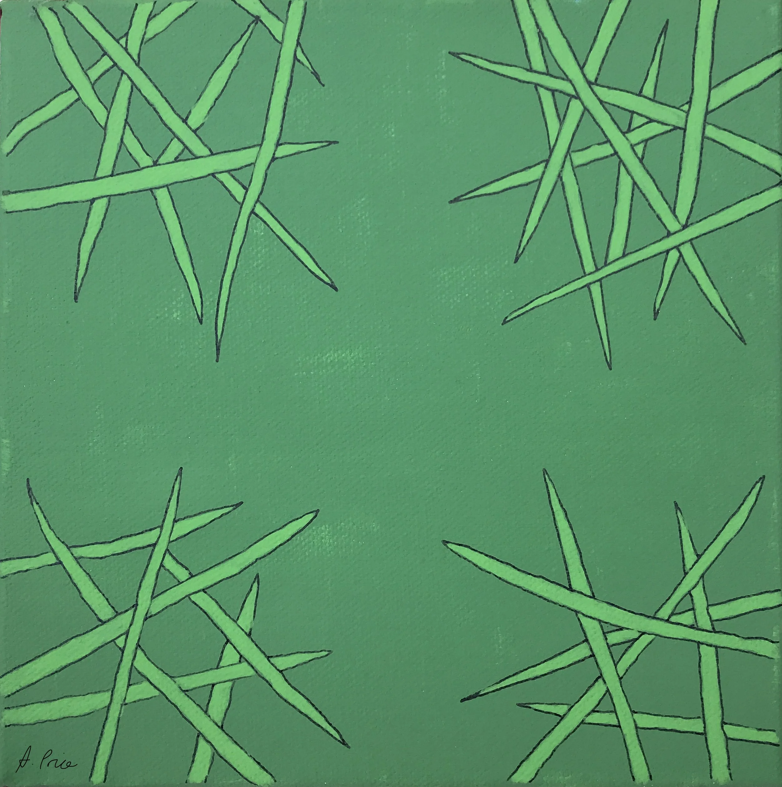 A square painting, a solid mid green background, in each corner are about 6 thinnish lines of light green outlined in black but crossing over each other to represent blades of grass that have been flattened.