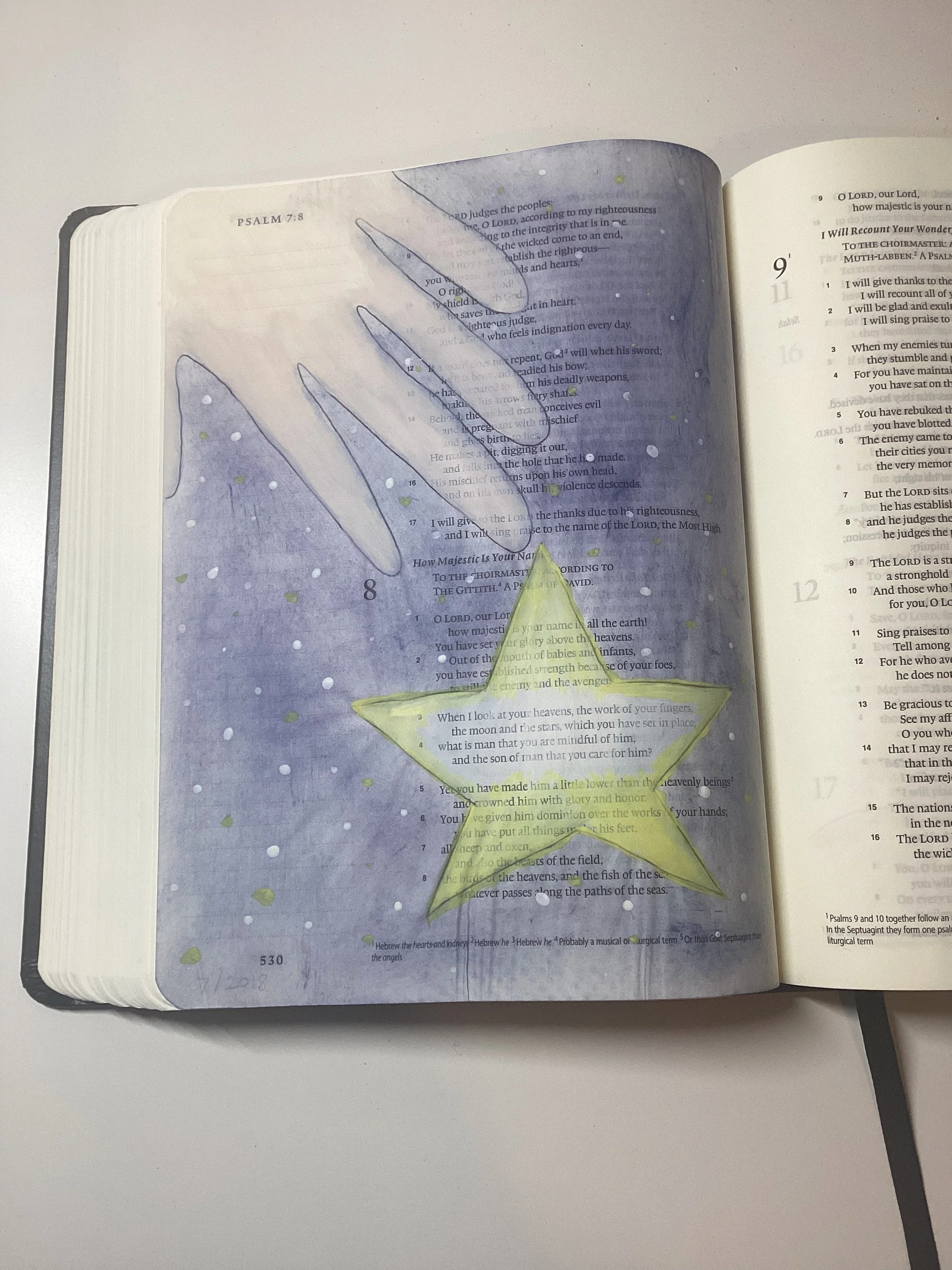 Bible journal page of psalm 8. Background is blue, a light skinned hand comes in from the top left hand corner towards a yellow star which surrounds verses 3 and 4 of Psalm 8 (which are highlighted by being kept white).