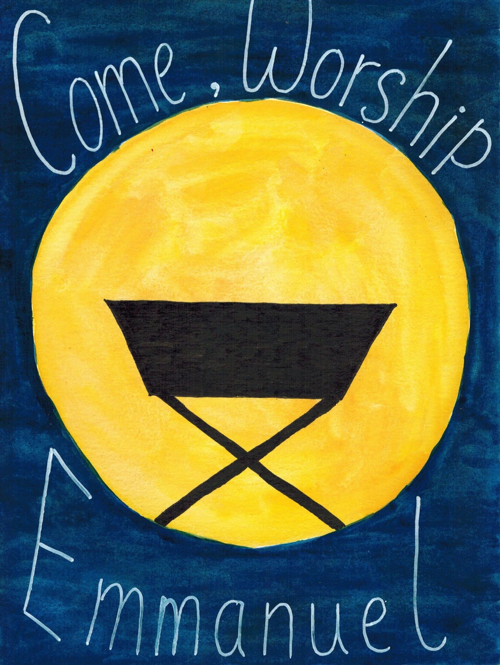 A painting, central yellow circle with a black silhouette of a manger. Dark blue background, with the words in white 'Come, worship Emmanuel' around the circle.