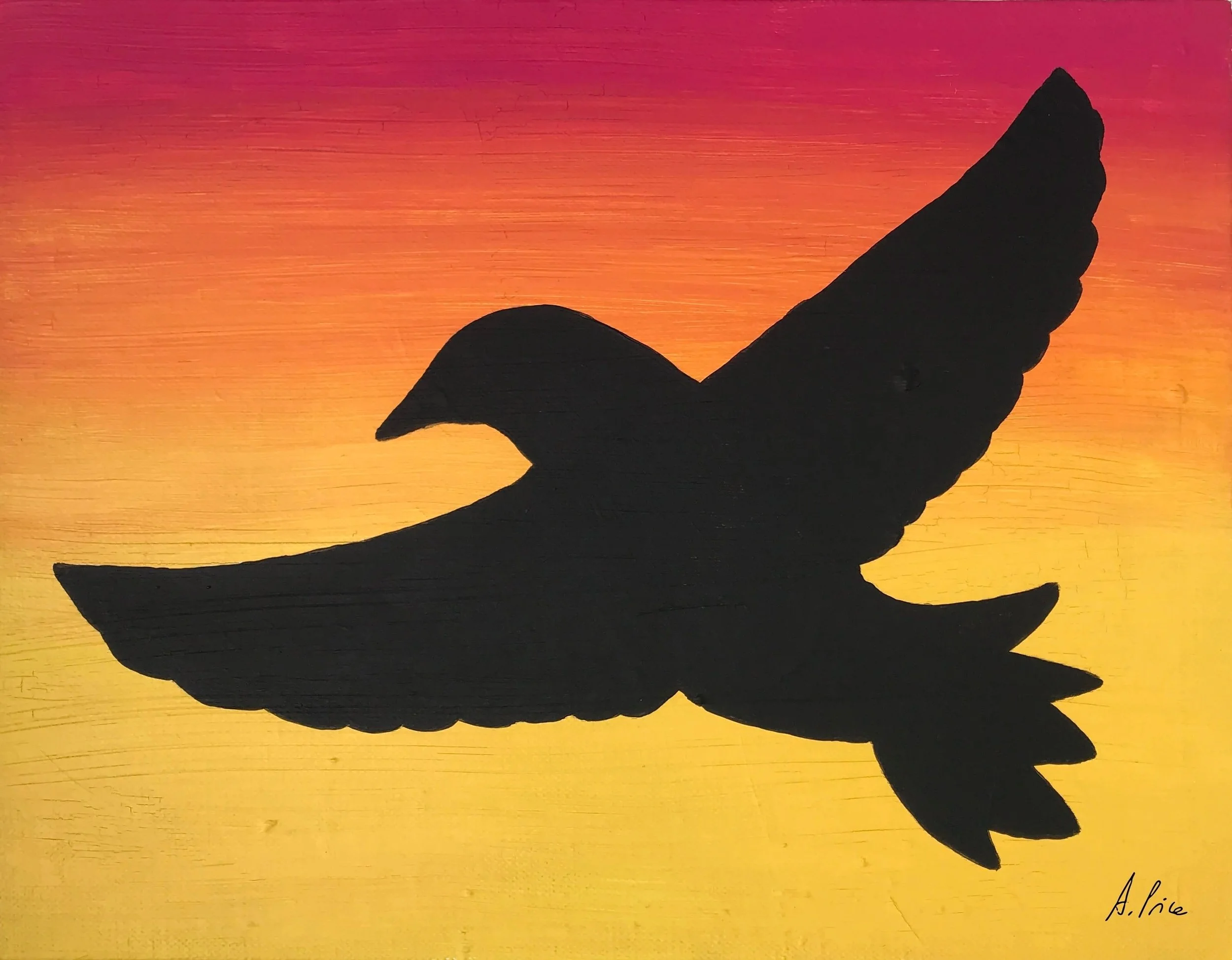 black silhouette of a bird in flight dominates the painting, with a pink, orange and yellow background inspired by a sunset