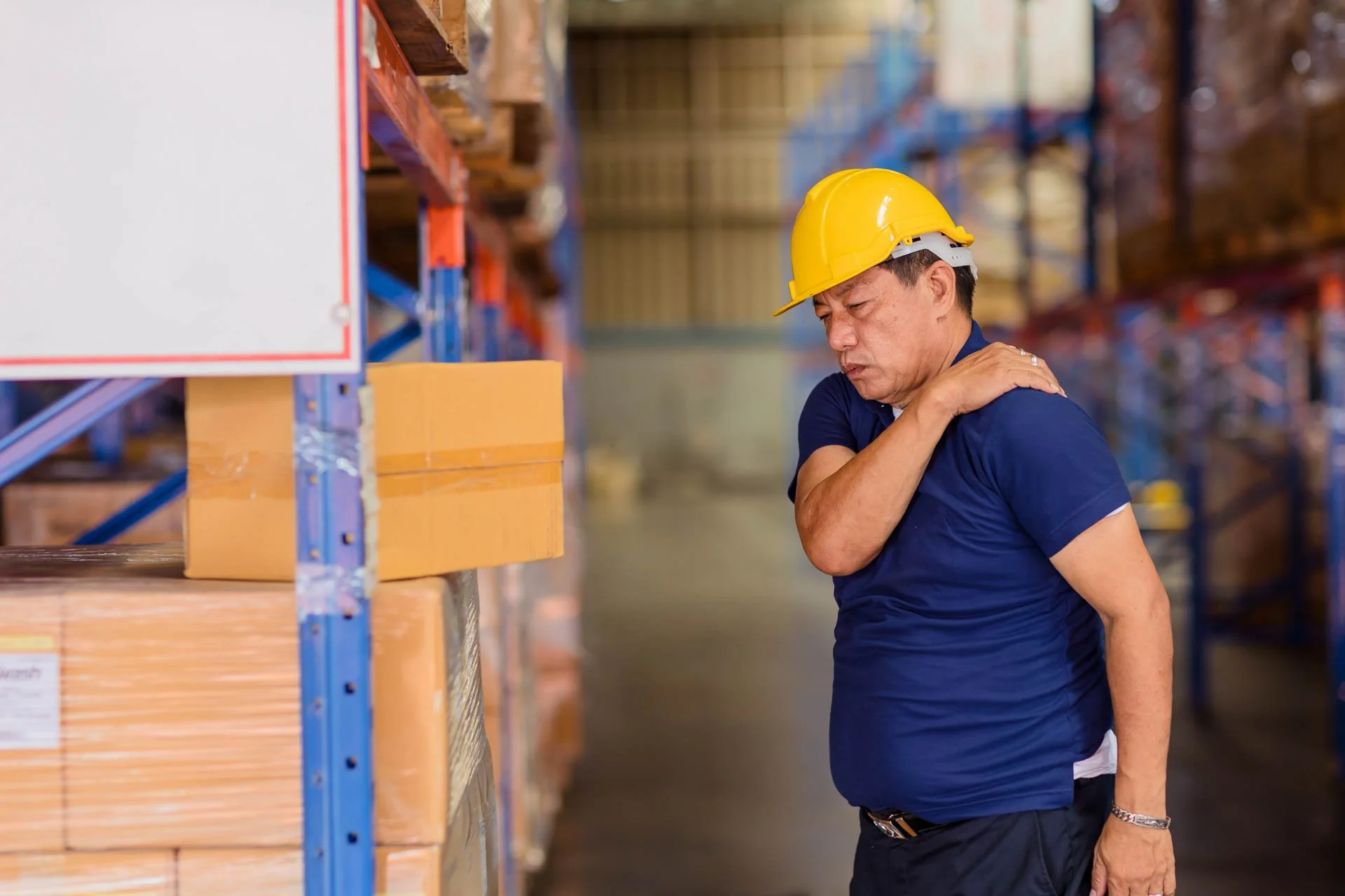 A man in a blue shirt and yellow hard hat experiencing shoulder pain in a warehouse aisle with stacked pallets of boxes.