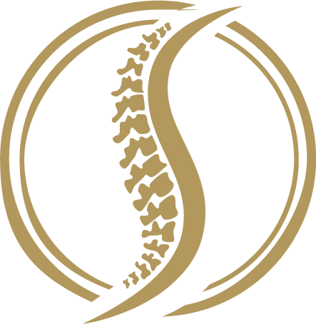 A stylized logo featuring a curved line representing a spine, surrounded by a circular design.