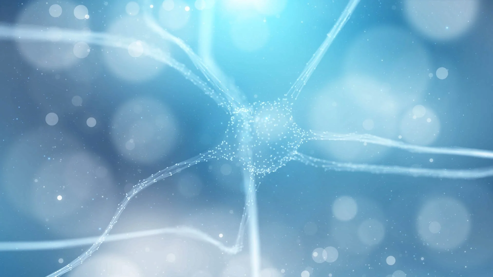 Abstract digital illustration of neural connections with glowing points and flowing lines against a blue background.