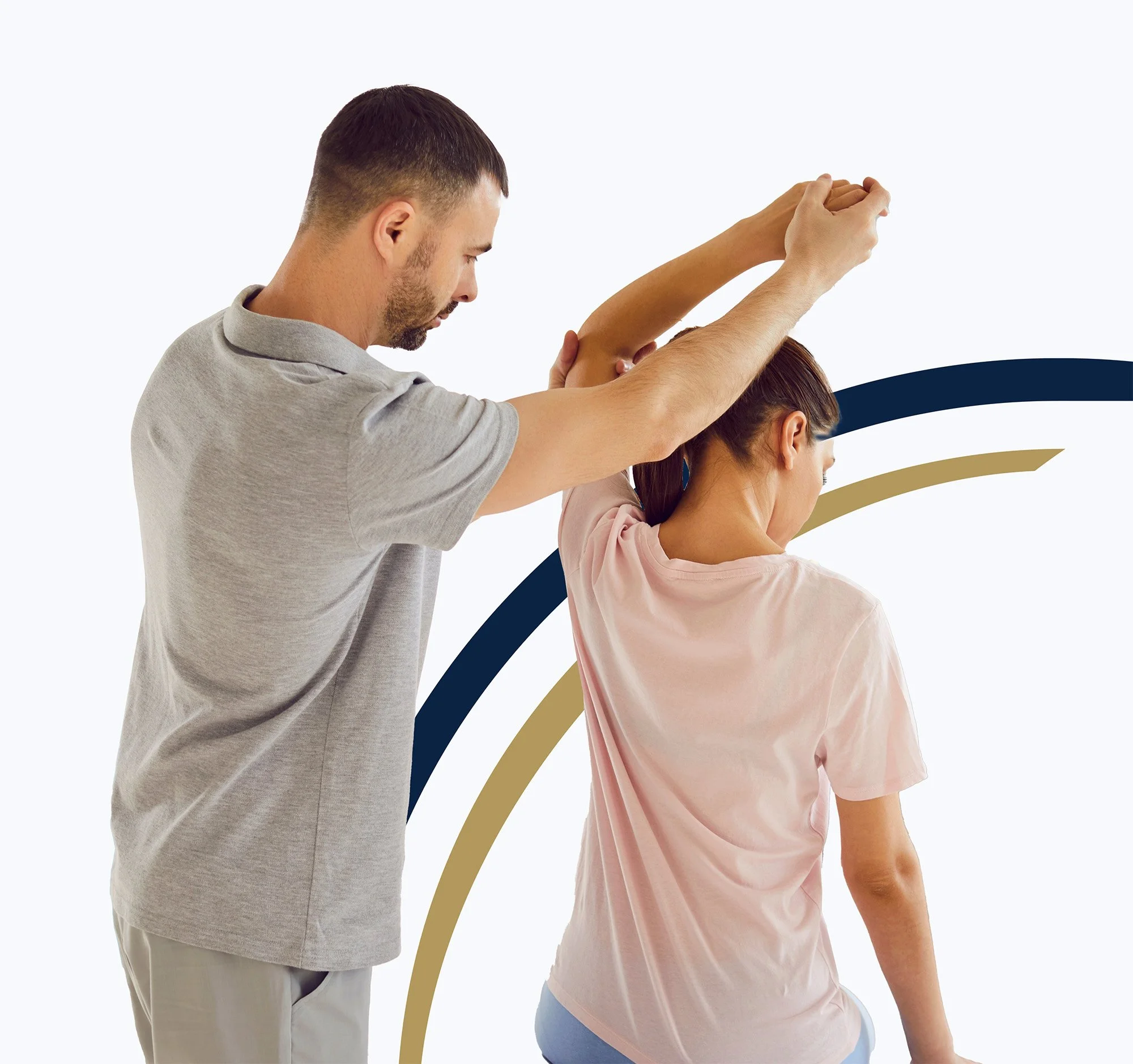 A man assisting a woman with her arm exercises against a white background with curved lines.