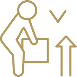 Outline of a person lifting or placing a box, with an arrow pointing upward, indicating lifting or moving the box.