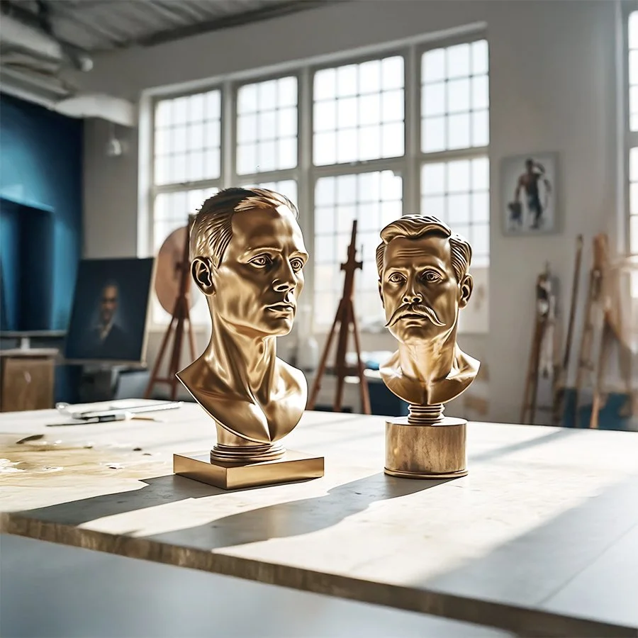 jason strong and david denham depicted as brass bust sculptures in an art studio