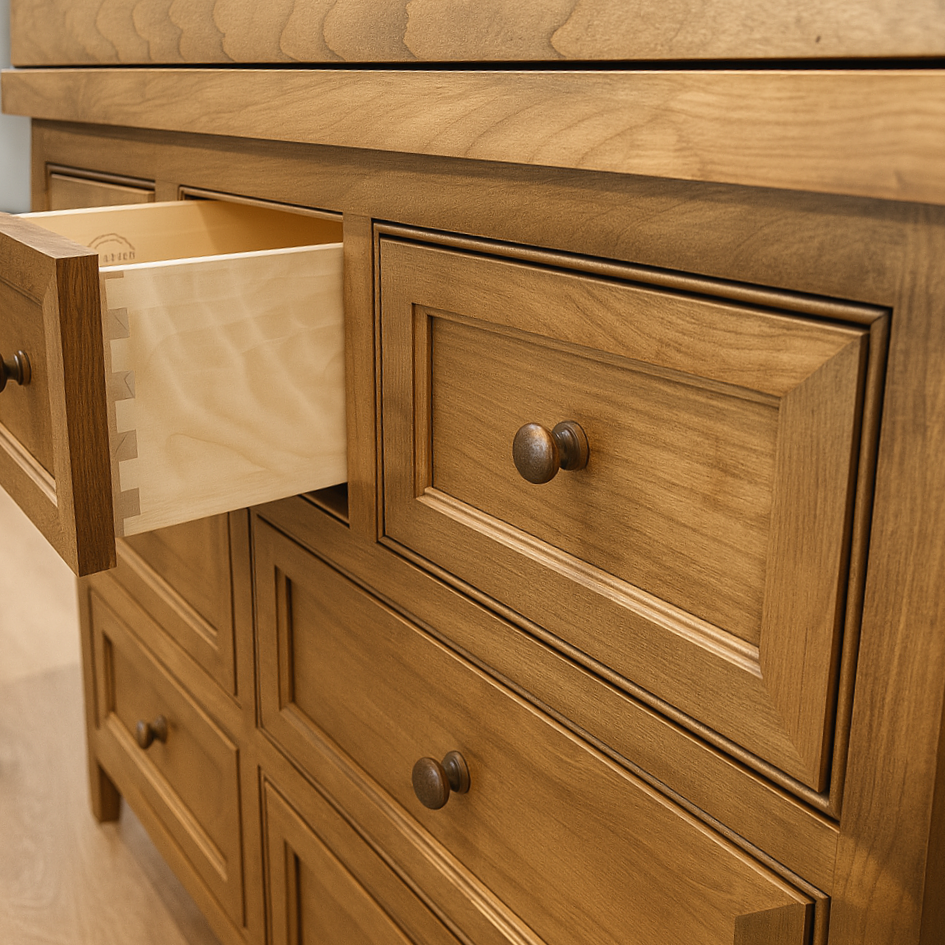 A wooden changing table with multiple drawers, one of which is partially open showing a light-colored wooden drawer inside.