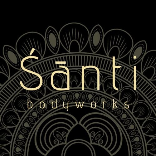 Logo for Sãnti Bodyworks with intricate black and beige ornamental design in the background.