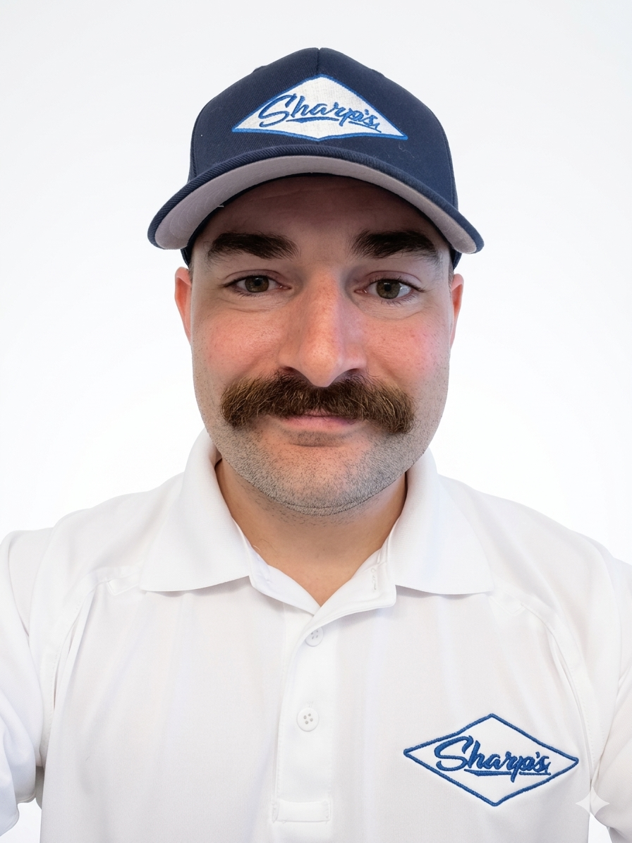 A man wearing a blue baseball cap with the Sharpie's logo and a white polo shirt with the same logo. He has a thick mustache and is smiling slightly, posing against a plain white background.