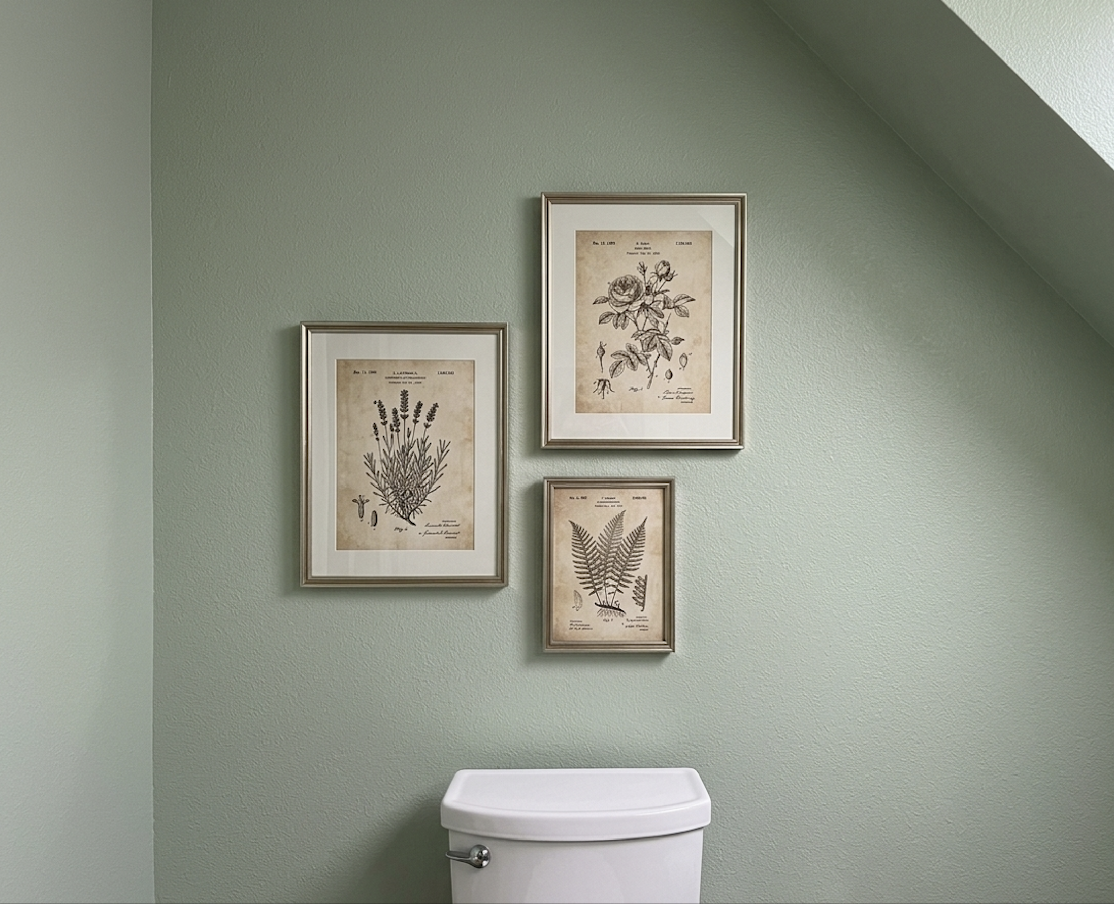 A green wall decorated with four framed botanical sketches above a white toilet.