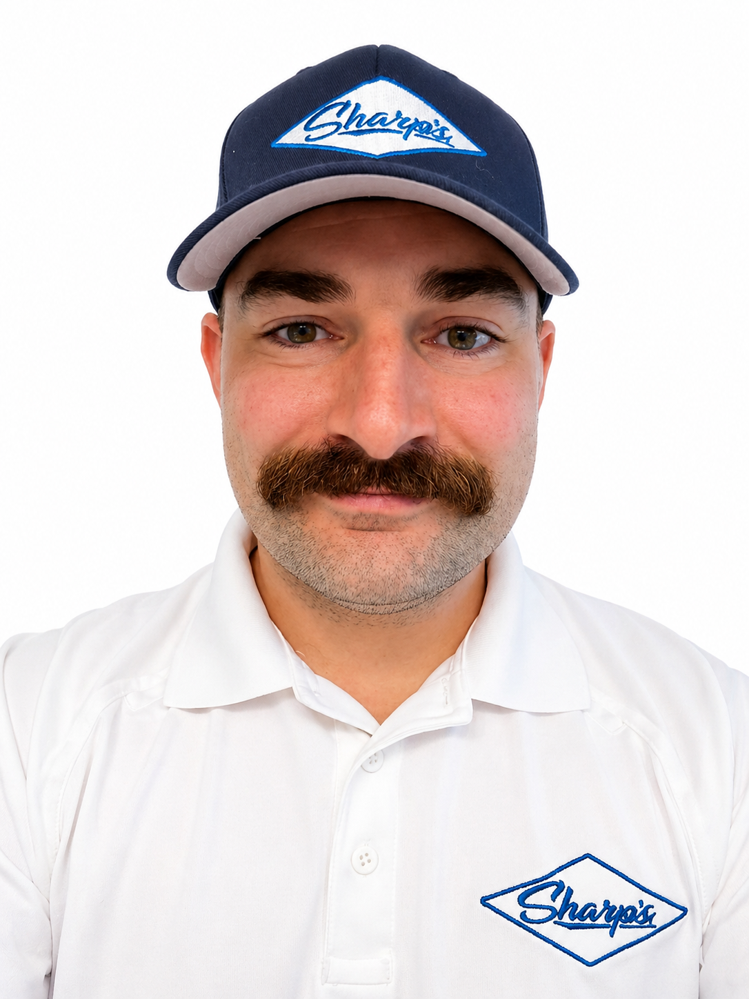 A man with a mustache and beard wearing a white polo shirt and a navy blue cap with 'Sharpie's' logo, against a plain white background.