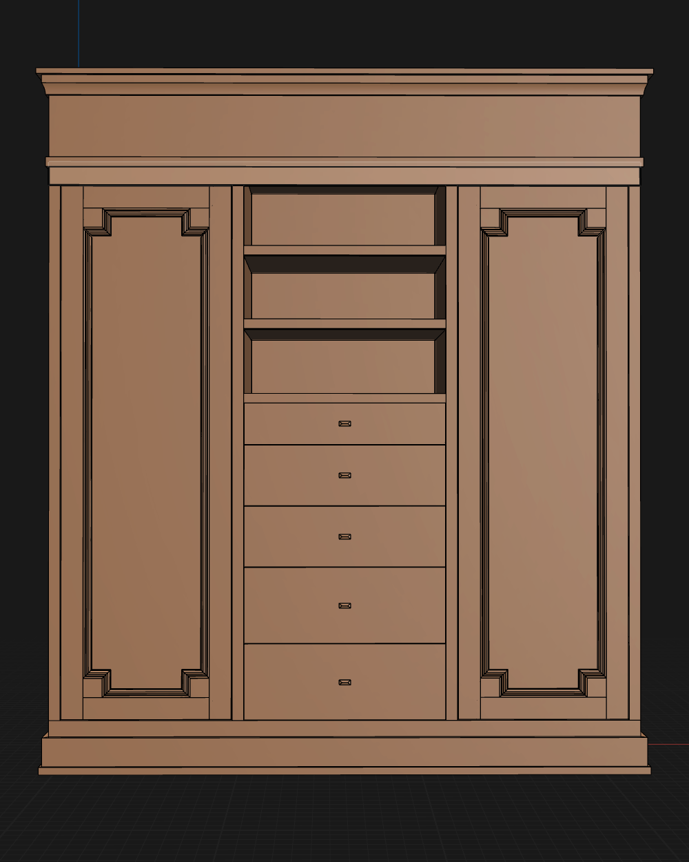 Digital rendering of a large, classical wooden armoire with two side panel doors, open middle shelves, and five drawers at the bottom, set against a black background.