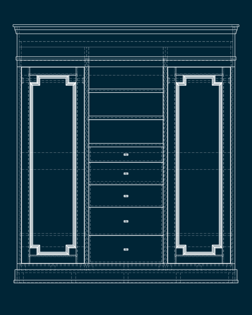 Blueprint drawing of a large wardrobe with multiple compartments, shelves, and drawers.