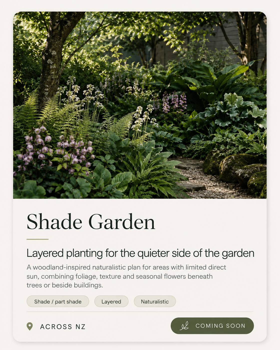 A promotional image for a Shade Garden features a lush, woodland-inspired garden scene with various green plants, ferns, and flowering plants along a narrow stone path. The text mentions layered planting for quieter, shaded garden areas with seasonal flowers.