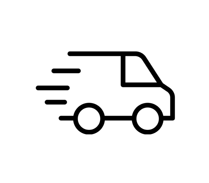 Black outline illustration of a delivery van with lines indicating motion to the left, suggesting speed or movement.