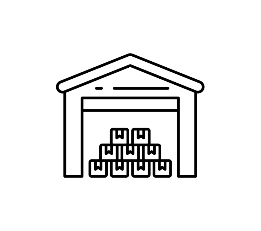 Outline drawing of a warehouse with stacked boxes inside.