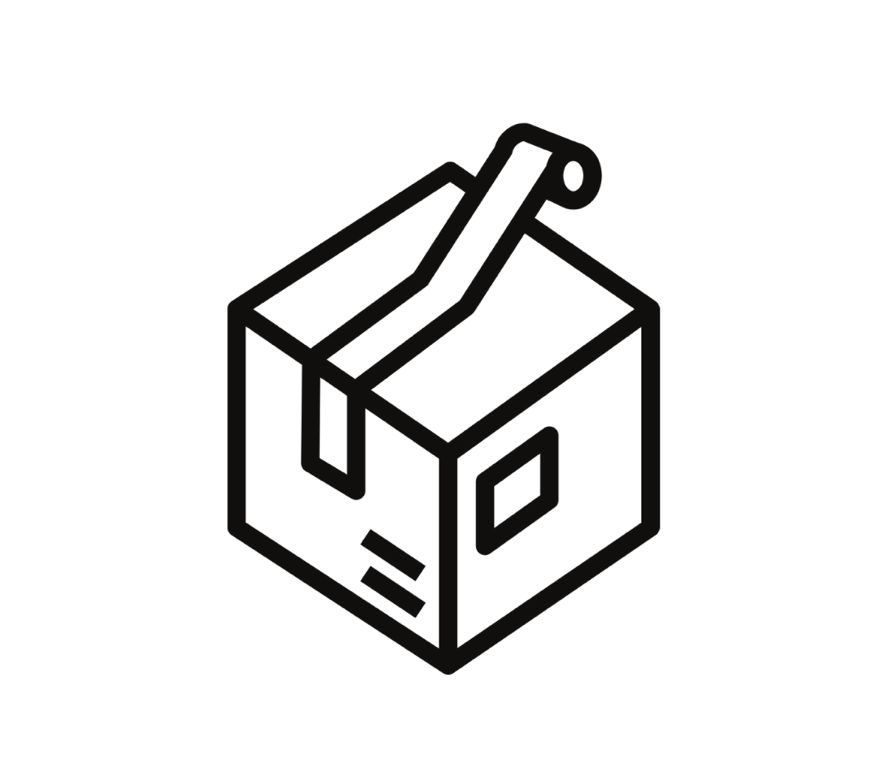 Line drawing of a cardboard box with a pendulum swing banner on top.