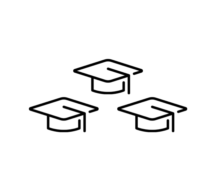 Line drawing of three graduation caps arranged in a triangle