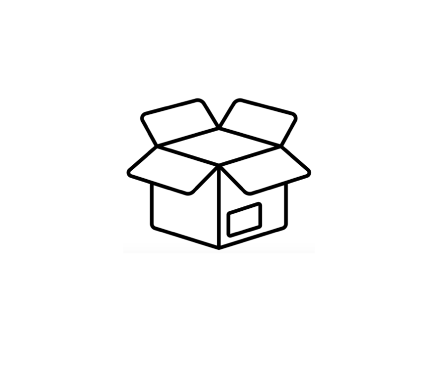 Line drawing of an open cardboard box with flaps lifted and a label on the side.