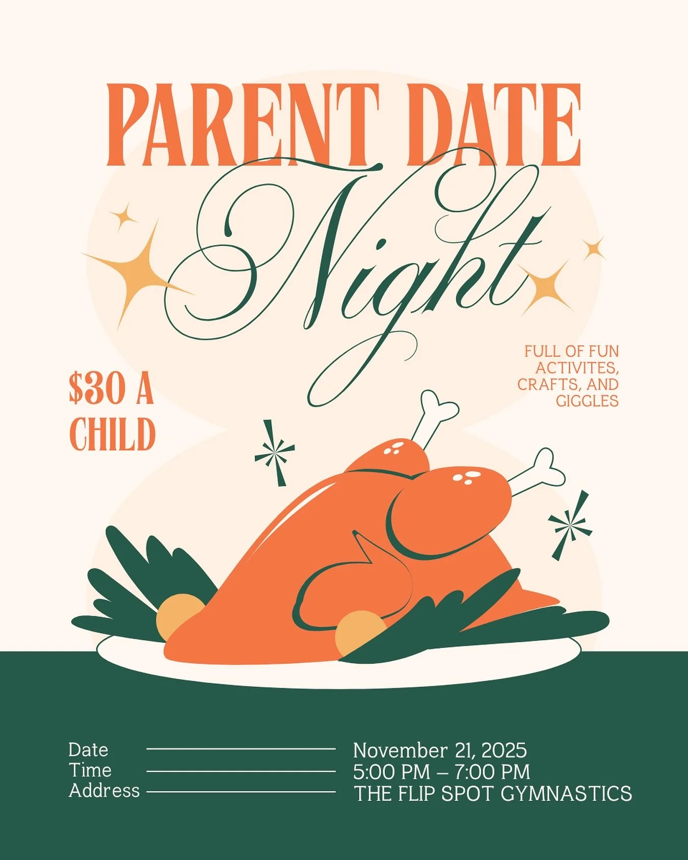 ✨Parent Date Night is back!✨
Drop the kids off for a night full of fun activities, crafts, and giggles while you enjoy a well-deserved evening out! 💕

📅 November 21, 2025
⏰ 5:00 PM &ndash; 7:00 PM
📍 The Flip Spot Gymnastics
💵 $30 per child

Messa