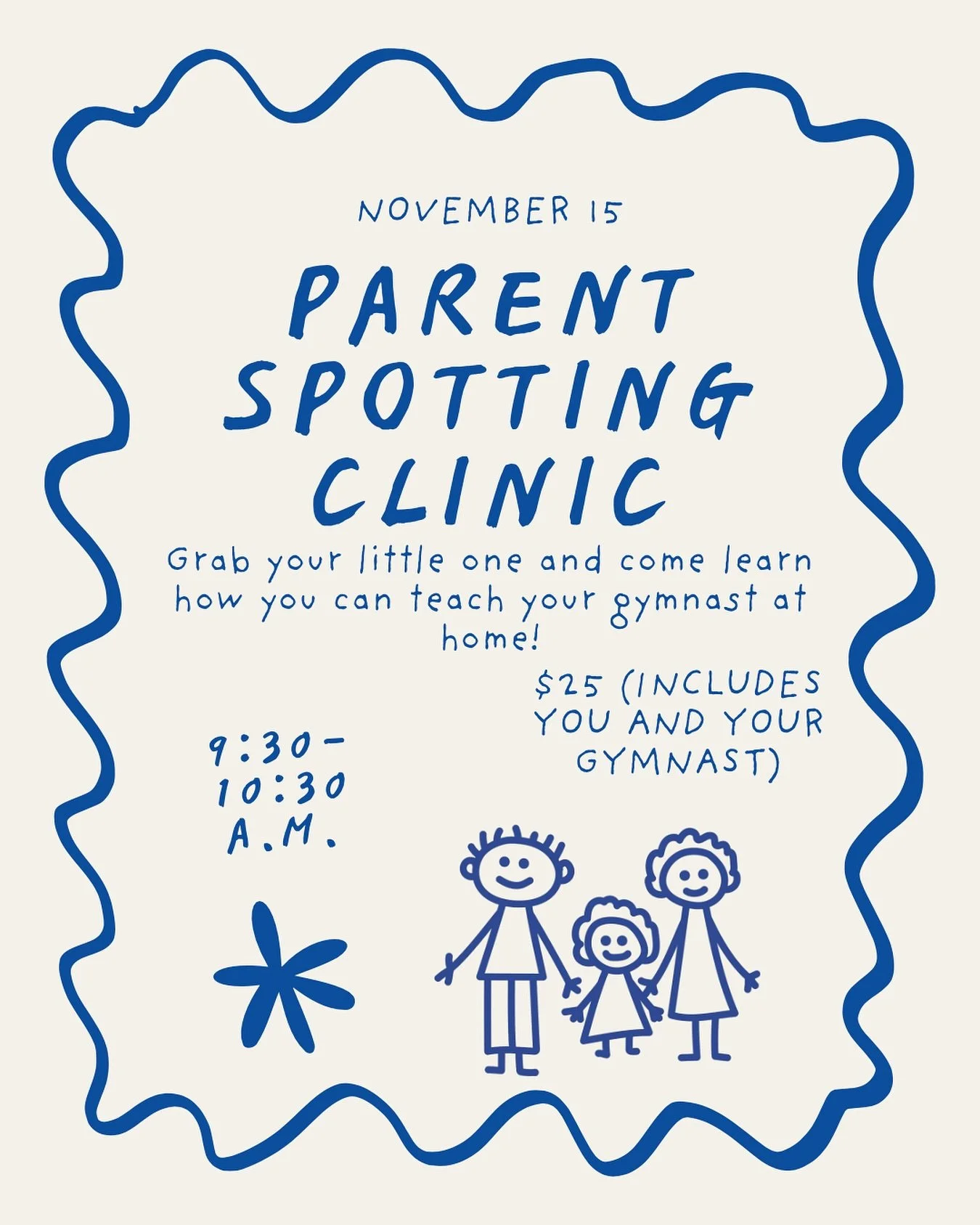 Ever wonder how to help your gymnast at home? 🤔
Come to our Parent Spotting Clinic on November 15 and find out!
Just $25 for you and your gymnast 💙 

🩵To register please call or text 706-891-4538 or email theflipspotgym.com 

#TheFlipSpot #Gymnast