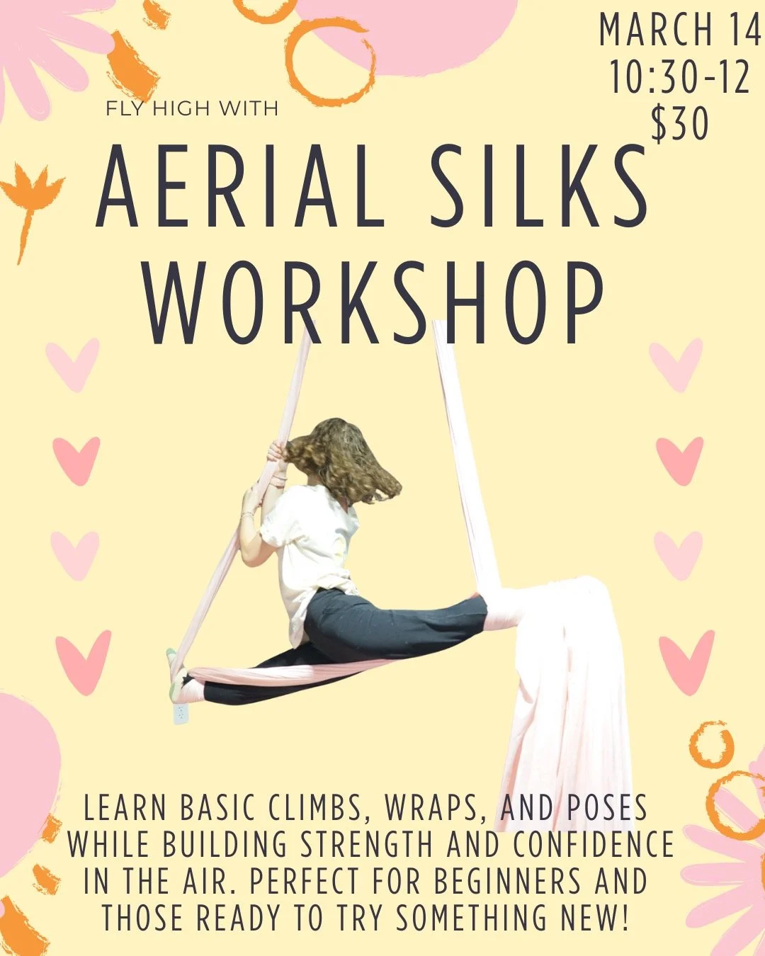 Ever wanted to try aerial silks? This is your sign 💛

Join us for a beginner-friendly workshop where you&rsquo;ll learn basic climbs, wraps, and poses while building strength and confidence in the air. No experience needed&mdash;just a willingness t