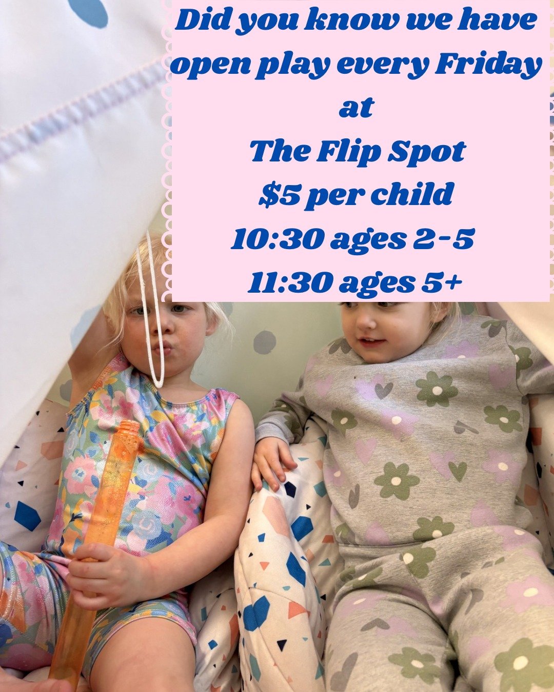 Need a simple, affordable way to get the kids out of the house on Fridays?

Our weekly Open Play is just $5 and gives them space to move, explore, and connect in a safe, welcoming gym environment.

See you Friday 💕