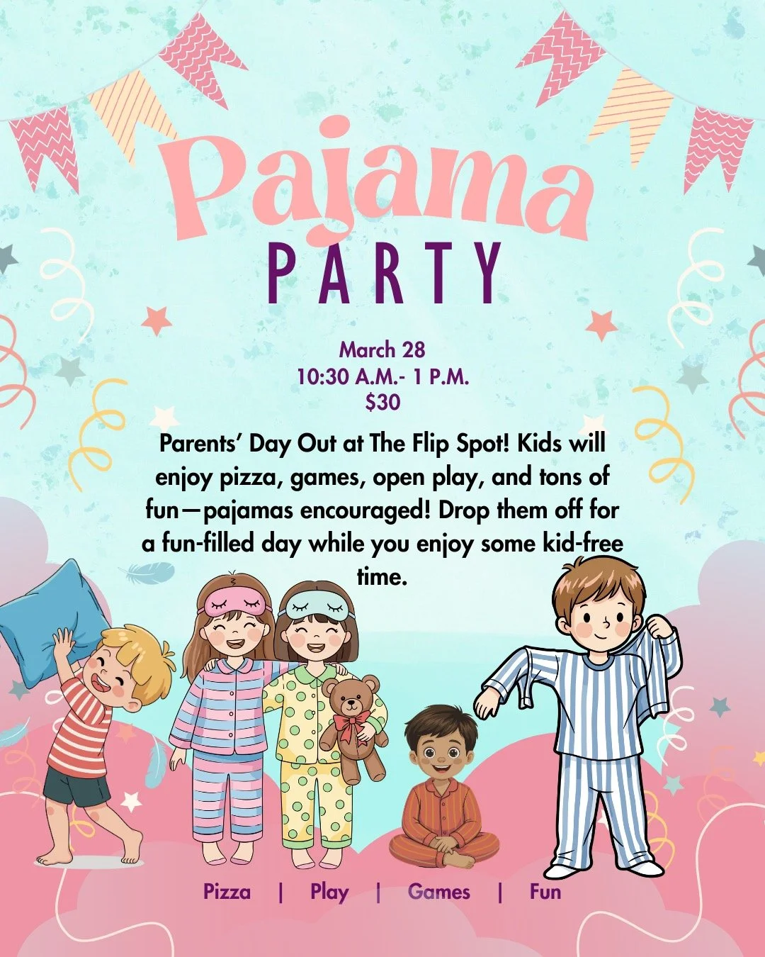 Pajamas, pizza, playtime&hellip; and a little time for you! 

Drop the kids off for a fun-filled Parents&rsquo; Day Out at The Flip Spot on March 28! We&rsquo;ll handle the games, giggles, and open gym while you enjoy some kid-free time.

🗓 March 28