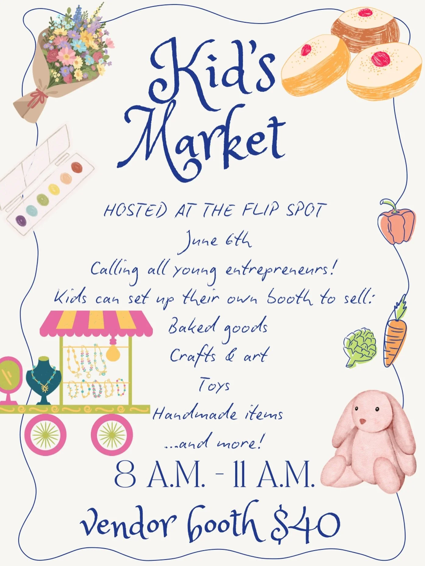 💼✨ Future CEOs in the making! ✨💼

Your kids can run their very own business for a morning at The Flip Spot&rsquo;s Kid&rsquo;s Market on June 6 | 8&ndash;11 AM!

Sell baked goods, crafts, toys, or anything handmade 🧁🎨🪀

🛍 Booth Cost: $40
📧 Reg