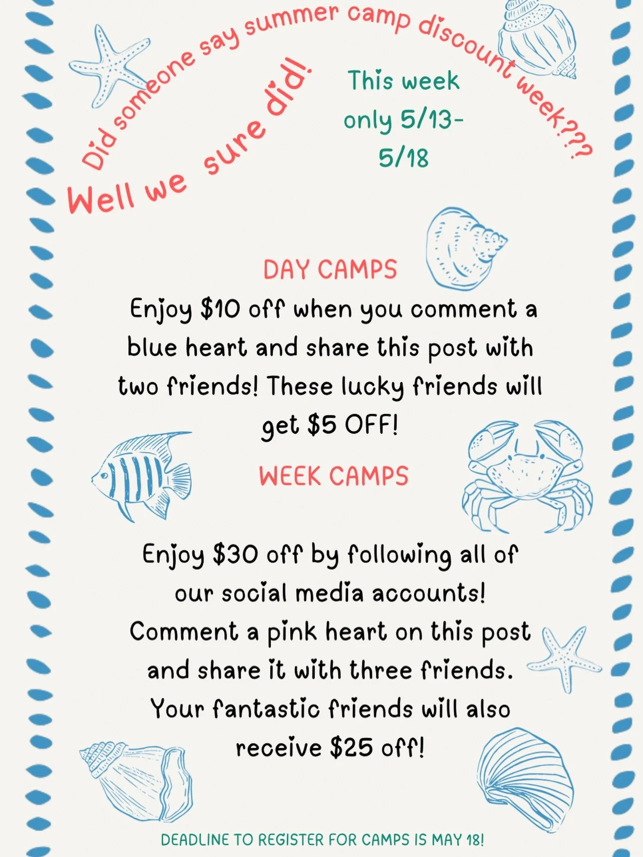 ☀️ SURPRISE SUMMER CAMP DISCOUNT WEEK ☀️

Need summer plans? We&rsquo;ve got you covered 🌊🐚

For THIS WEEK ONLY (5/13&ndash;5/18), enjoy special discounts on BOTH day camps and week camps at The Flip Spot! 🤸&zwj;♀️💙

Spots are filling FAST and re
