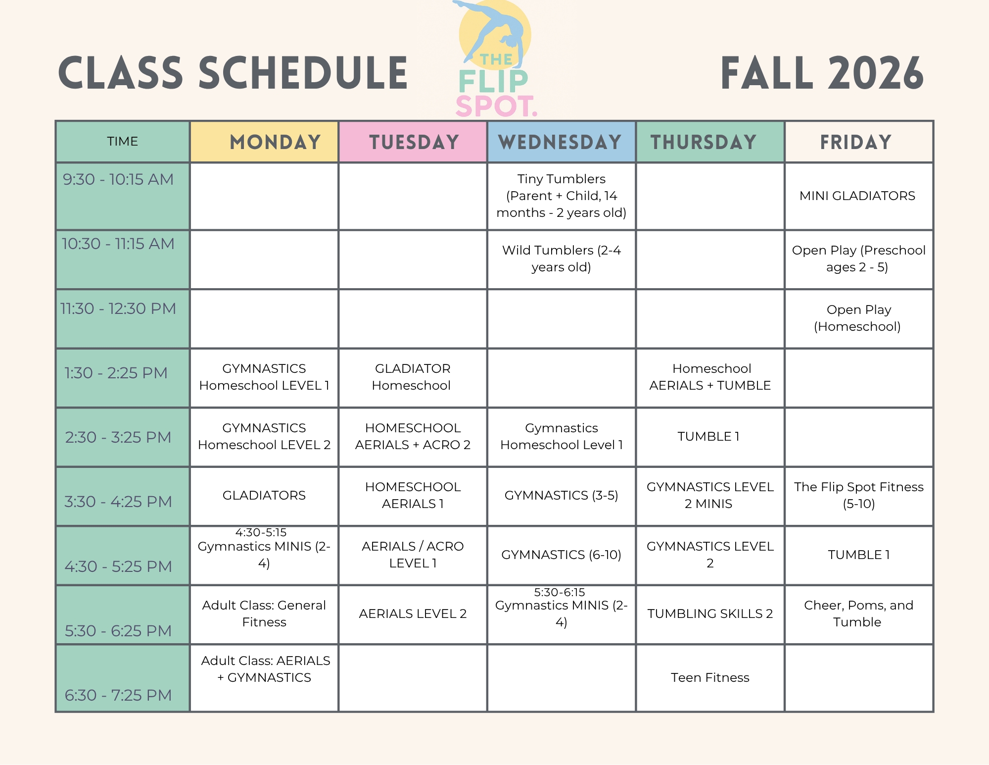 Class schedule for The Flip Spot, Fall 2026, with classes listed by days and times, including gymnastics, homeschool activities, and adult fitness classes.