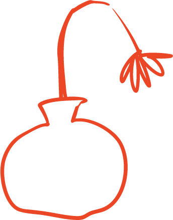 Simple drawing of a round-bottomed vase with a narrow neck and a curved stem ending in a flower or plant.