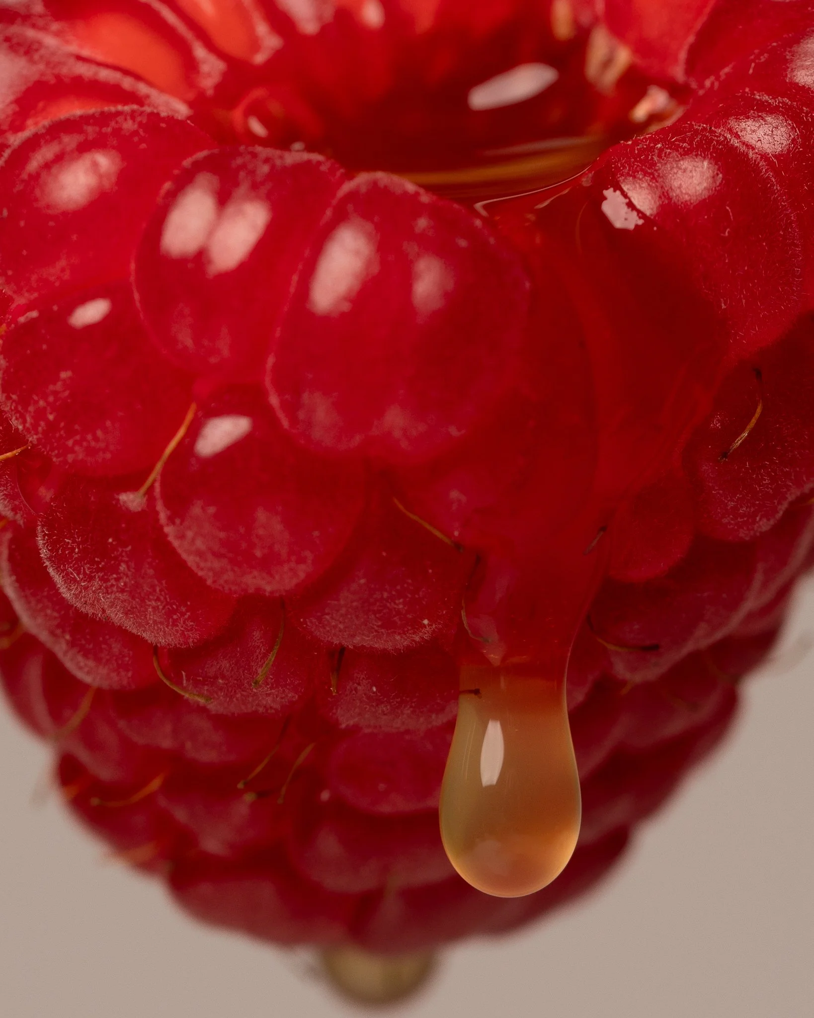 Close-up of a ripe raspberry with honey dripping from it.