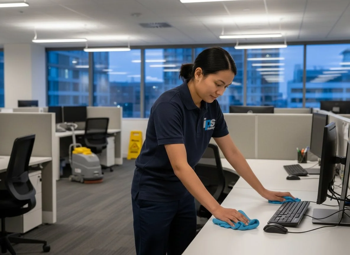 Commercial office cleaning - woman dusting desk