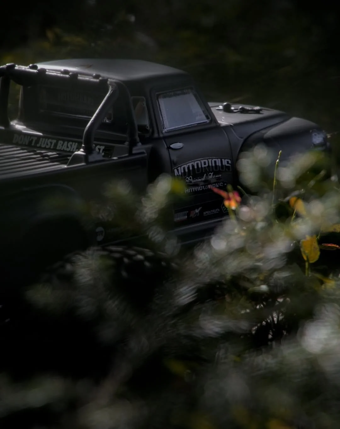 Cinematisches Foto eines RC Autos im Wald