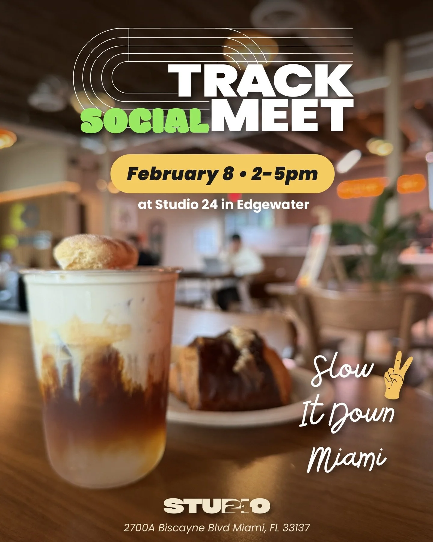 Track Meet Social ~ community, coffee, good vibes 😎 

We&rsquo;re officially taking it off the track FOR THE FIRST TIME with our friends at @slowitdownmiami to spend the afternoon at @studio24.coffee !! 

Come hang out with us at this open-house sty