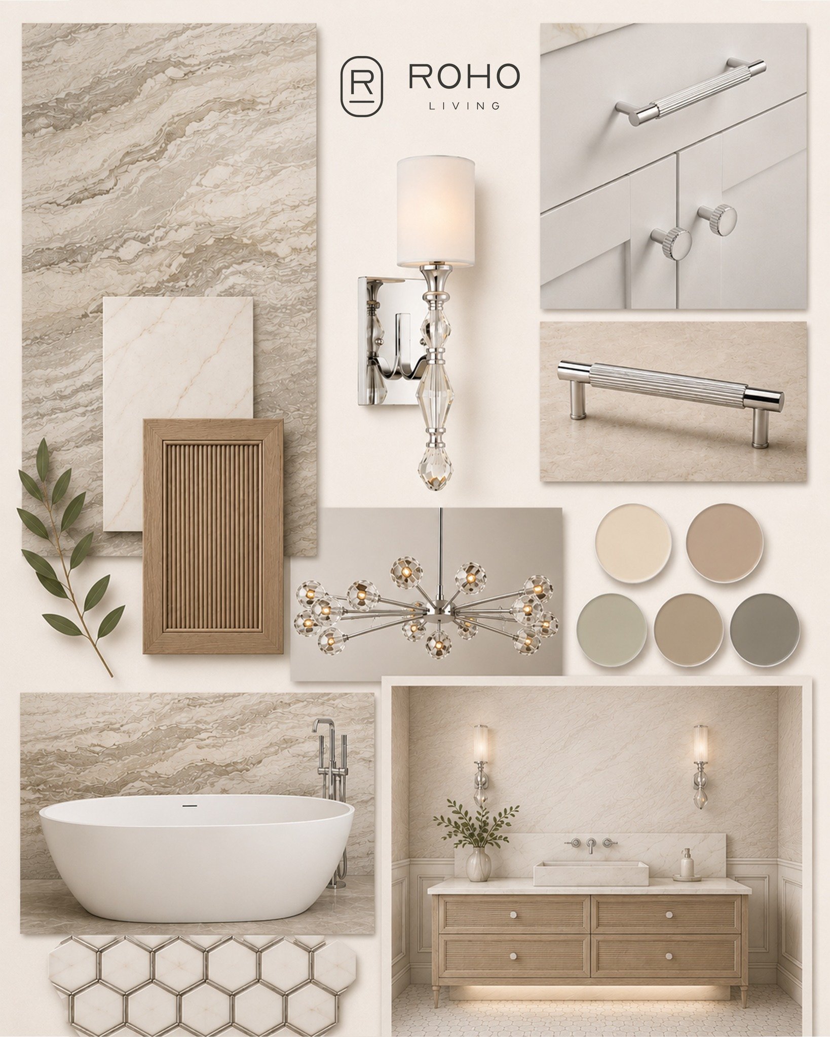 This inspiration board is coming together with rich wood cabinetry, fluted detailing, creamy stone, and silver finishes that feel equal parts grounded and elevated. Every selection was chosen to create a space that feels calm, timeless, and quietly l