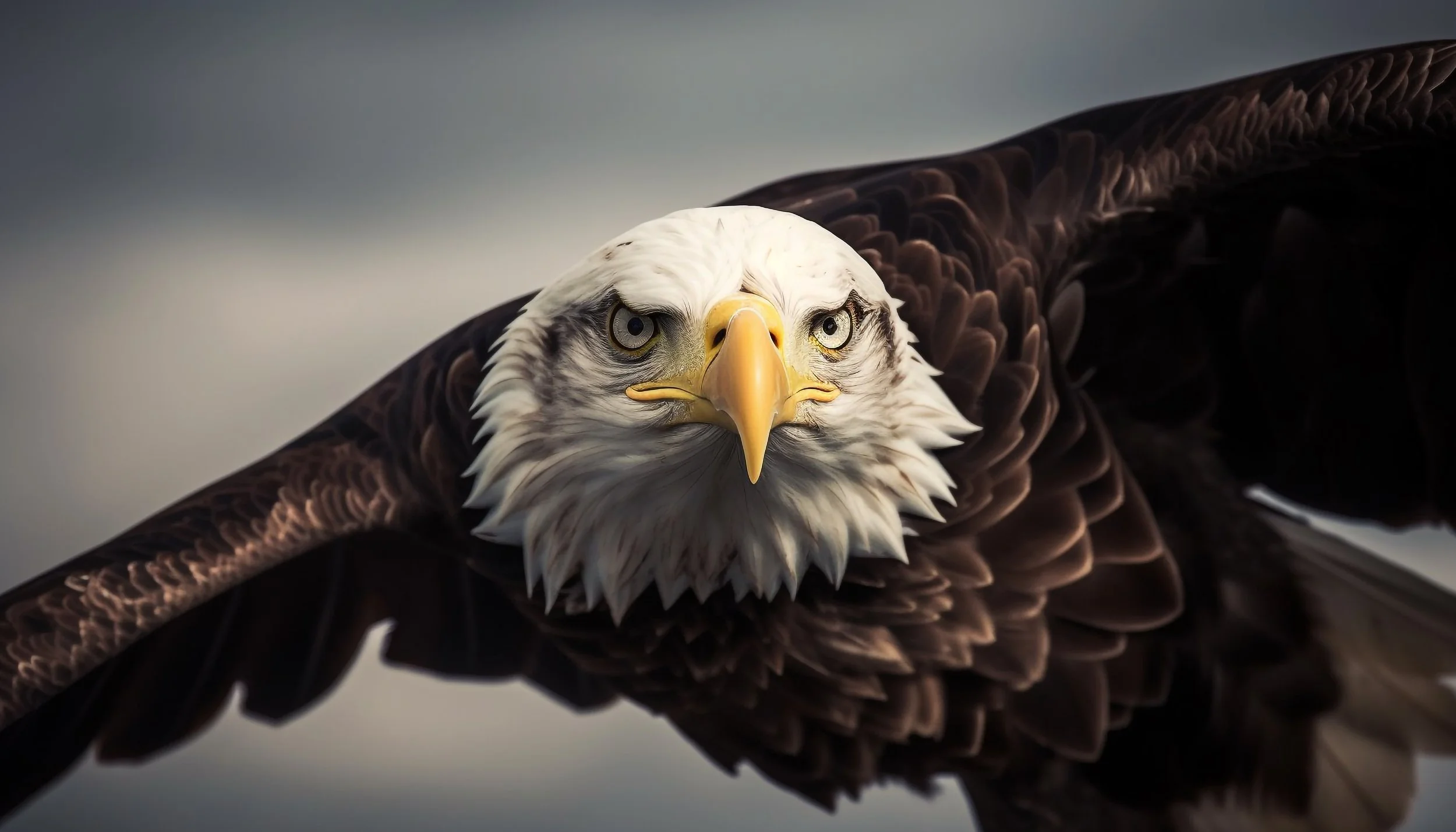 Close-up of a bald eagle in flight with outstretched wings, showing detailed feathers and a sharp beak, against a cloudy sky background.