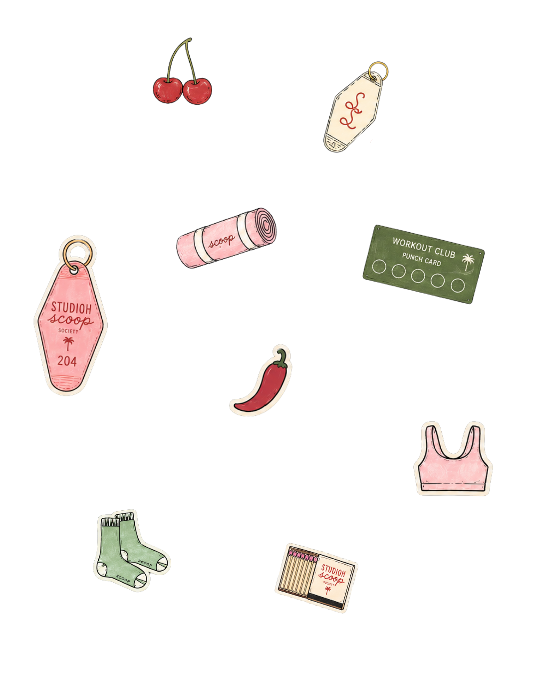 Illustration of various gym and fitness accessories, including cherries, a luggage tag, a tag with red writing, a workout punch card, a pink foam roller, a red chili pepper, a pink sports bra, green socks, and a matchbox, arranged on a black background.