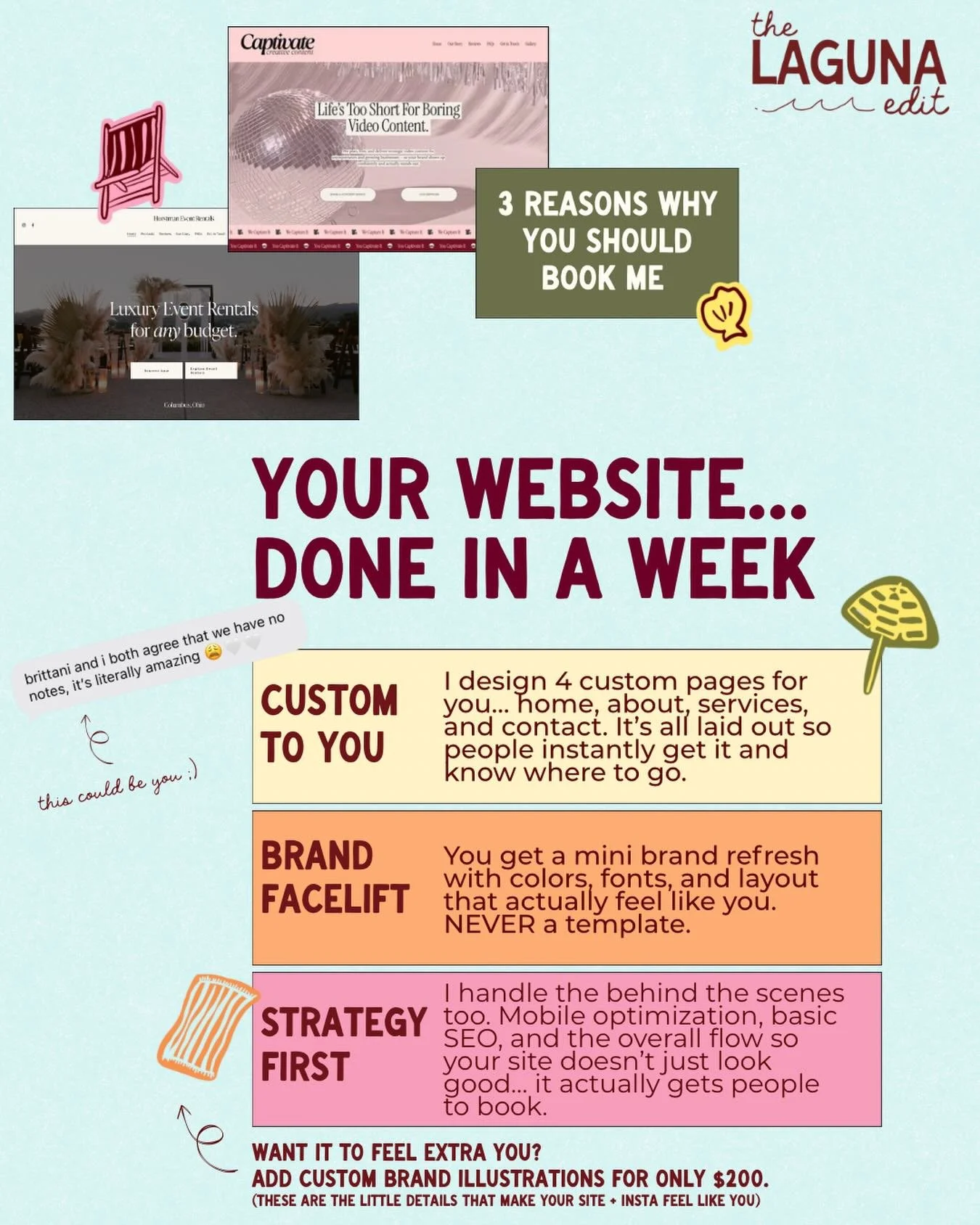 Be honest...how long have you been saying &ldquo;i need to fix my website&rdquo; 😭

I have a package where i do it for you in just a week&hellip; you blink and it&rsquo;s done and suddenly your site actually sounds like you and people know what to d