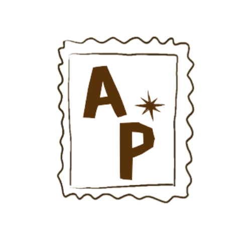 Vintage-style sign with the letters 'A' and 'P', a starburst symbol, and a decorative wavy border.