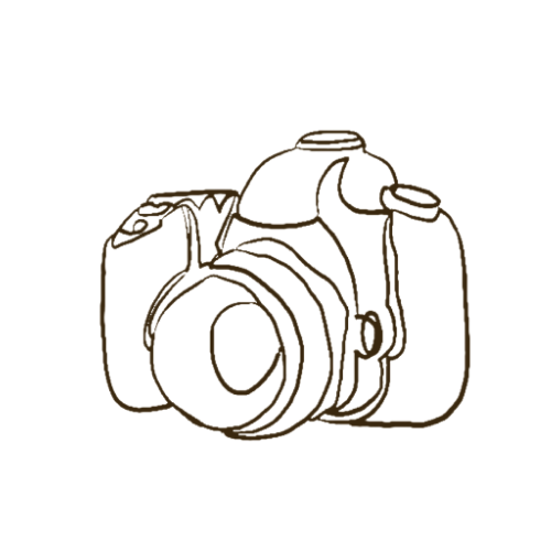 Line drawing of a camera with a large lens, strap, and two side compartments.