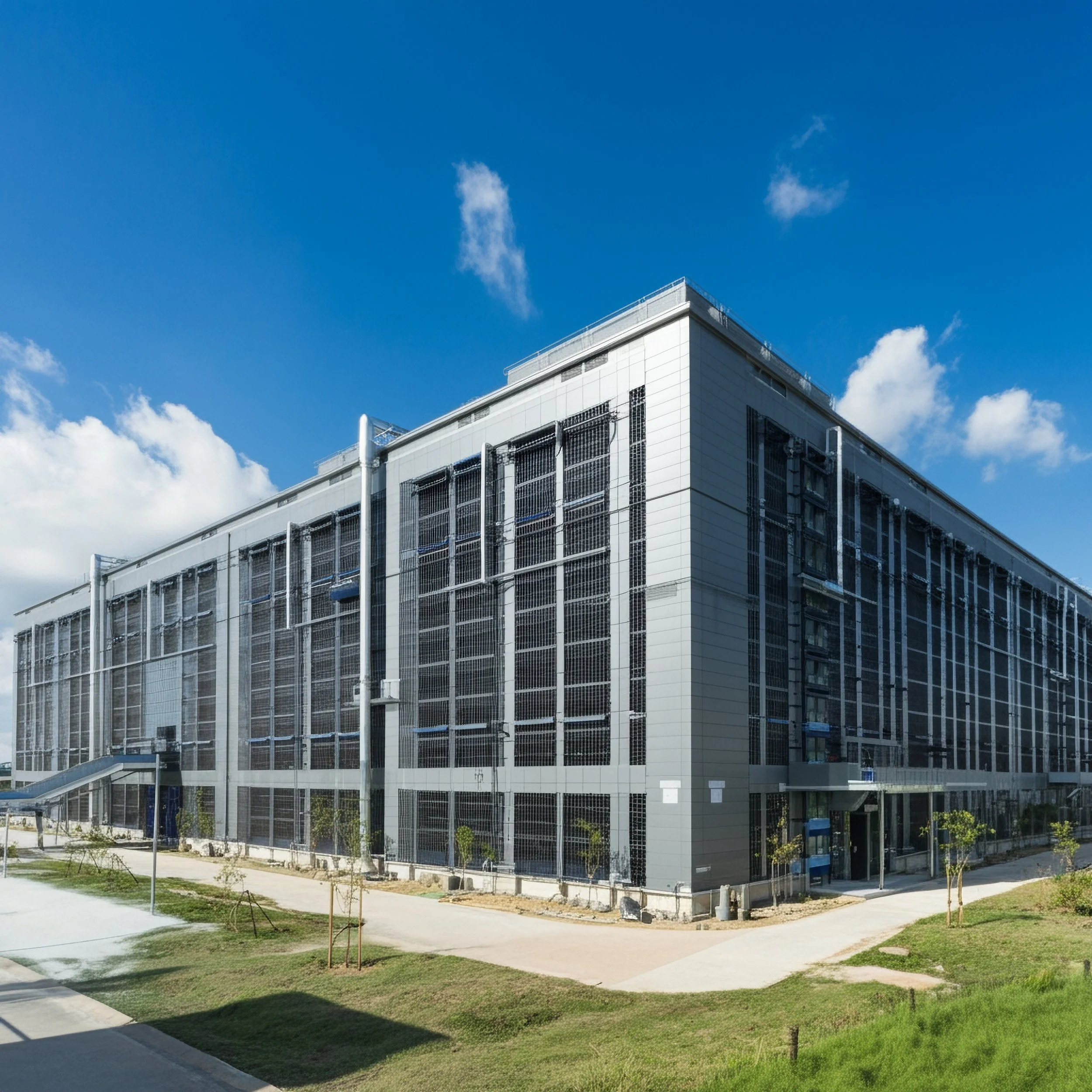 Modern commercial building with solar panels on the exterior and a paved walkway in front, under a blue sky with scattered clouds.