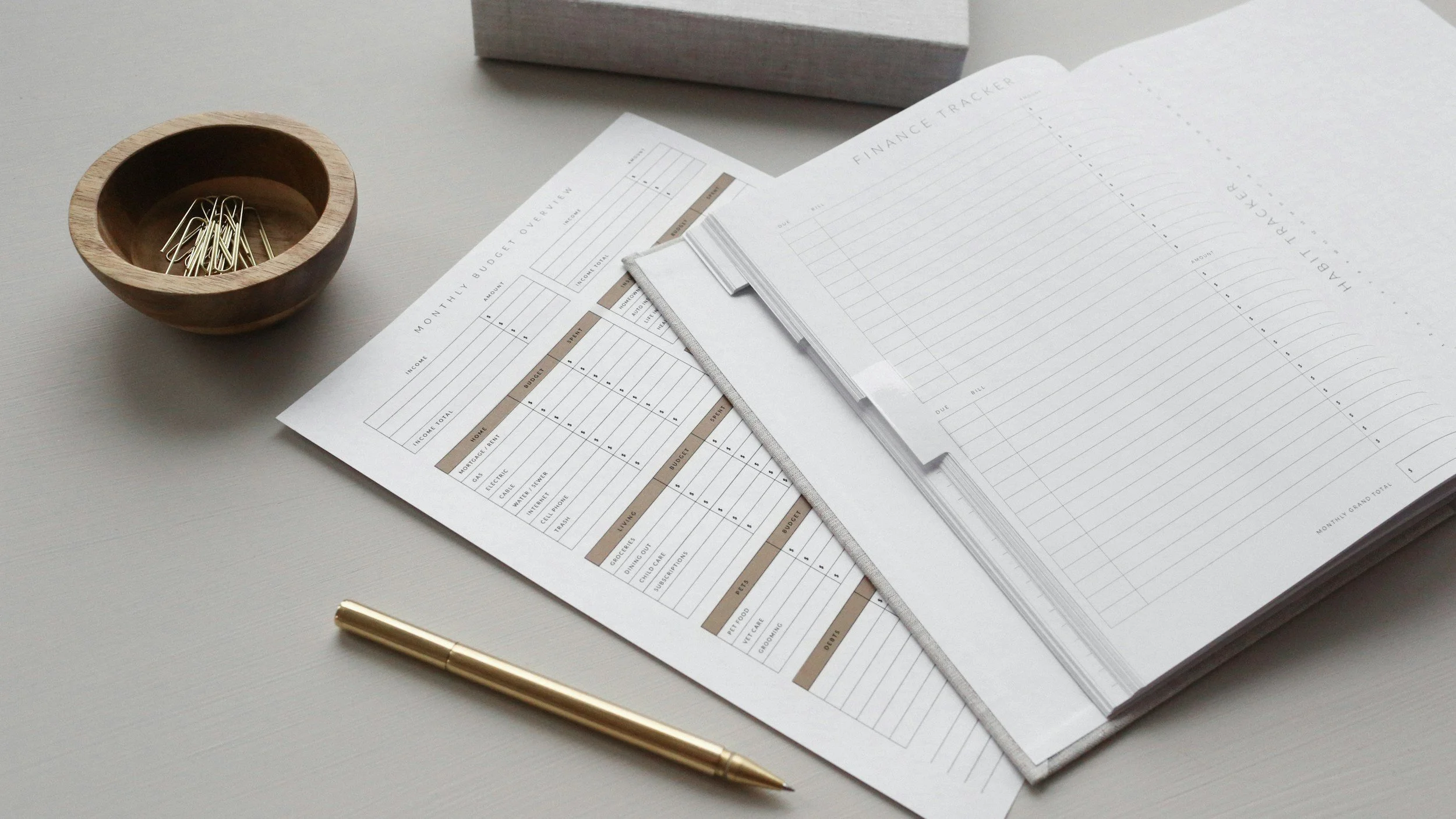 An organized workspace with a financial planner, budget overview sheet, blank financial tracker, gold pen, and wooden bowl with paperclips on a light-colored desk.