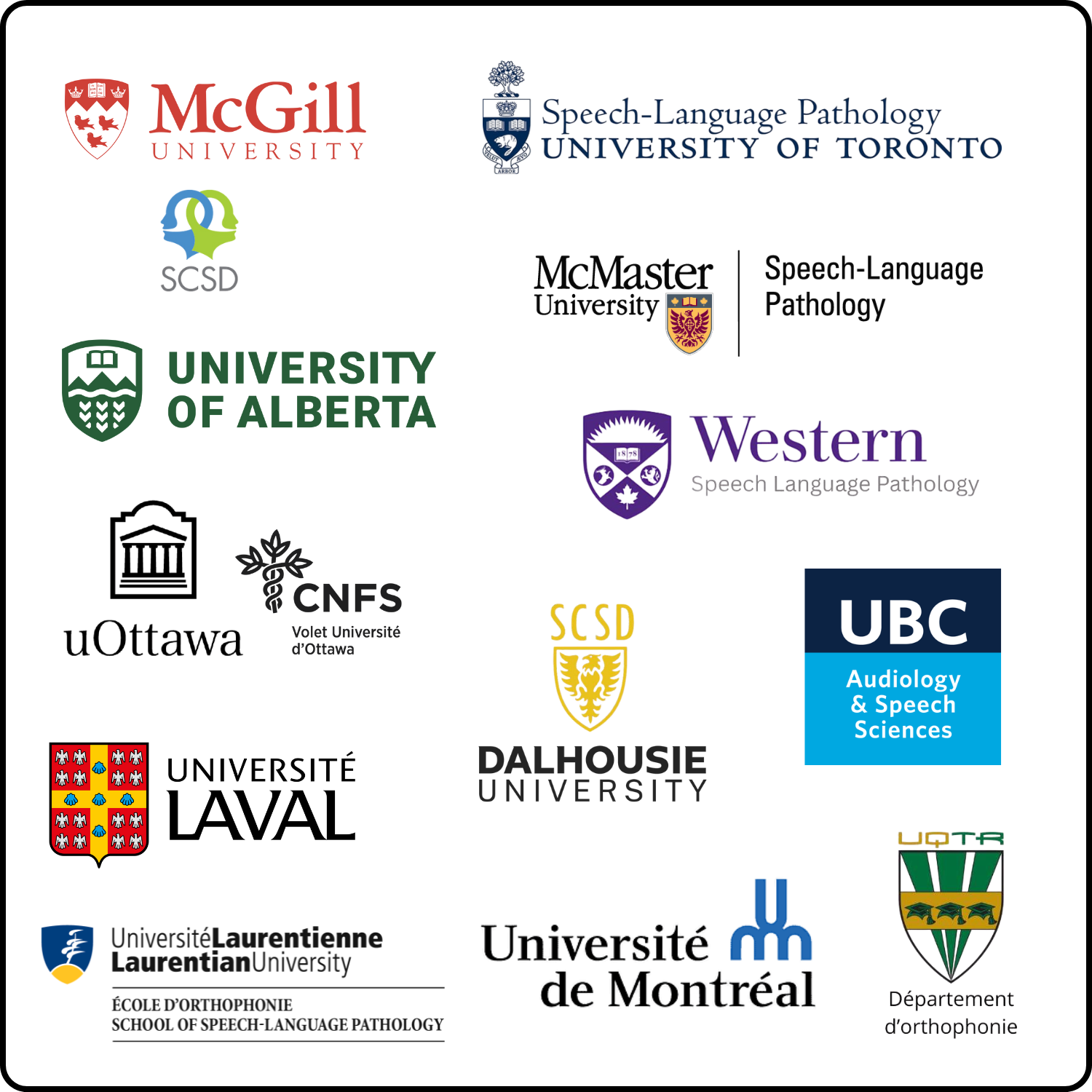 Collection of logos from various Canadian and international universities and speech-language pathology programs.